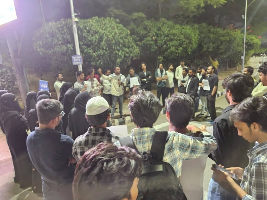 MANUU students gather in solidarity to support Jamia Millia Islamia students during a protest at Maulana Azad National Urdu University Hyderabad