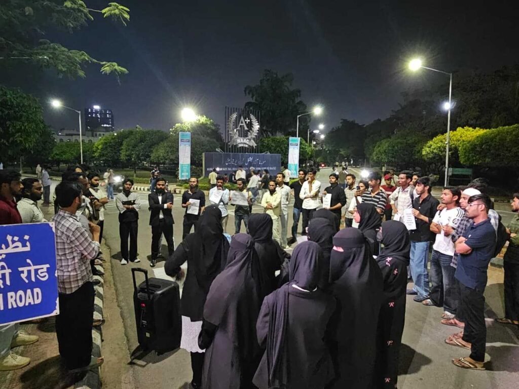 MANUU students gather in solidarity to support Jamia Millia Islamia students during a protest at Maulana Azad National Urdu University Hyderabad